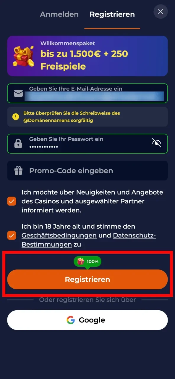Anmeldung bei Nine Casino durch persönliche Angaben finalisieren.