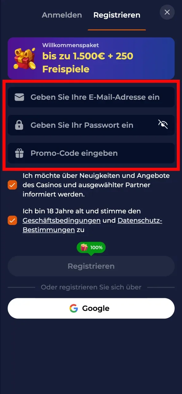 Gültige Daten bei Nine Casino eingeben für Registrierung.