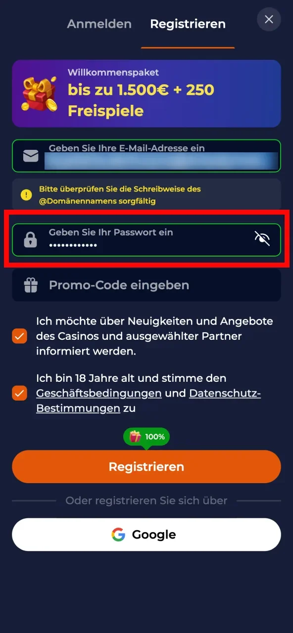 Sicheres Passwort für Nine Casino Konto erstellen.