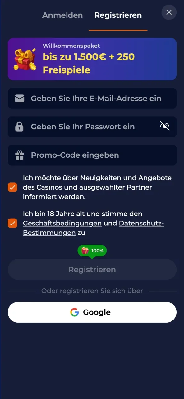 Mit bestehendem Konto bei Nine Casino anmelden oder neues erstellen.