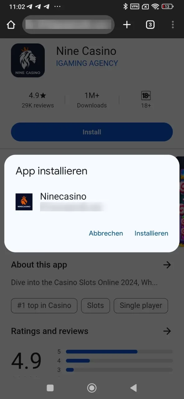 Nach dem Download die Nine Casino App manuell installieren.