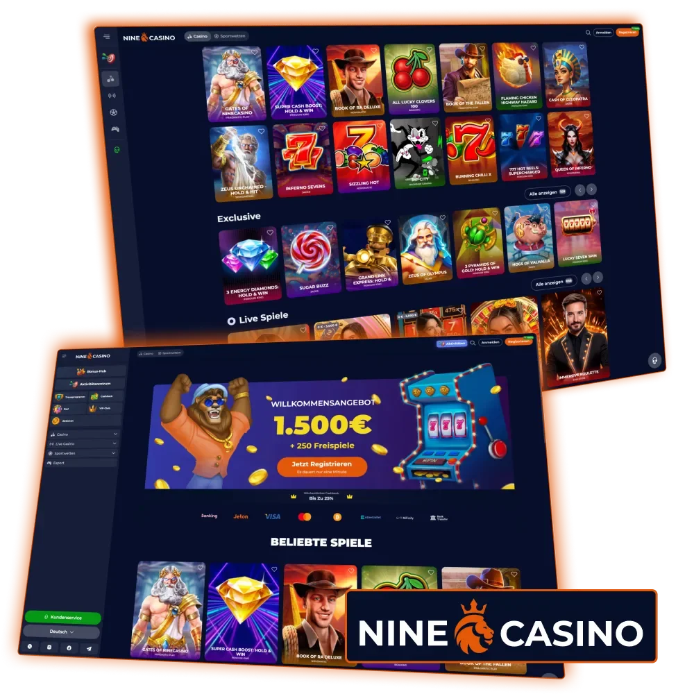 Nine Casino Webseite mit Krypto-Spielen und Bonusangebot.
