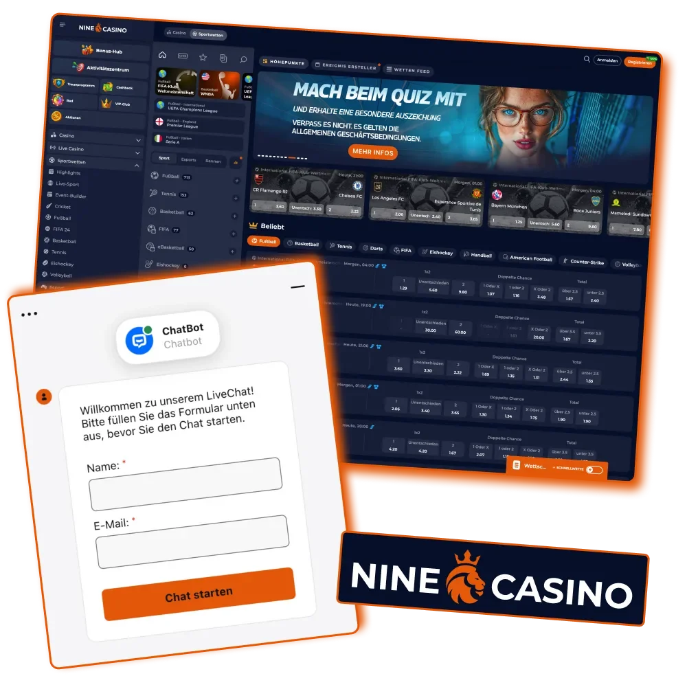 Nine Casino Support für deutsche Spieler leicht erreichbar.