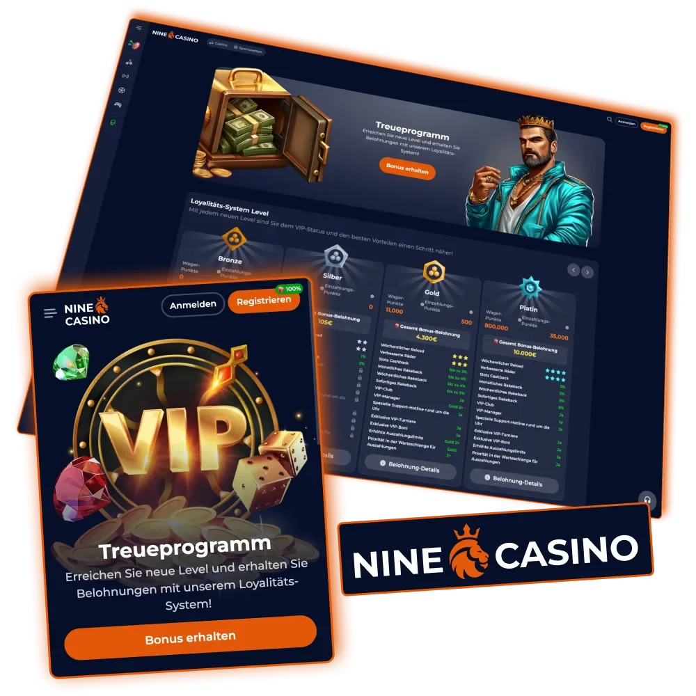 Nine Casino Treueprogramm mit Leveln und Belohnungen.